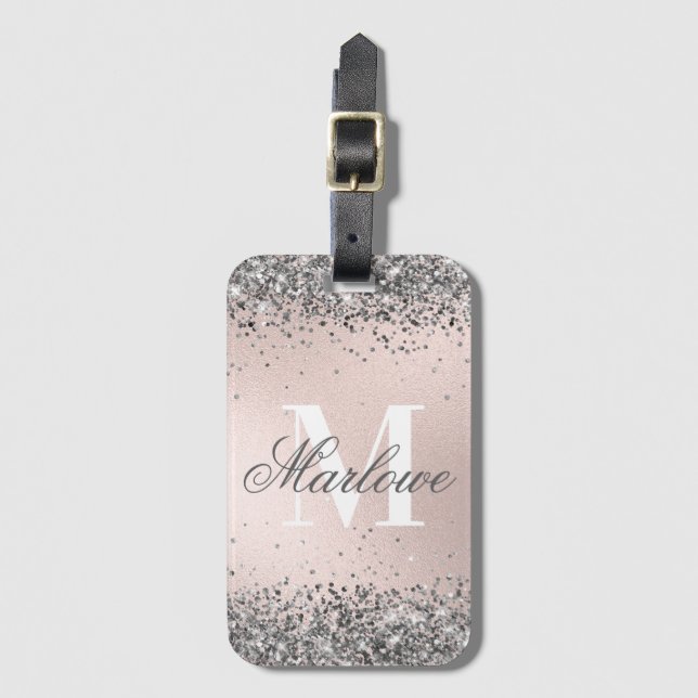 Silver Glitter Blush Pink Personalised Monogram Luggage Tag (Front Vertical)