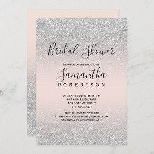 Silver glitter blush pink script bridal shower invitation