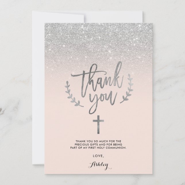 Silver glitter blush thank you first communion card (Front)
