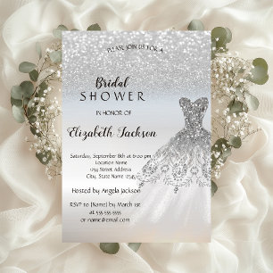 Silver Glitter Bokeh  Dress Bridal Shower Invitation