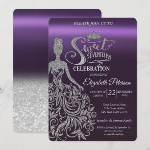 Silver Glitter Bokeh,Dress,Tiara,Purple Sweet 17  Invitation