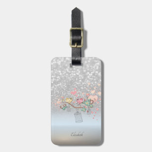 Silver Glitter Bokeh Ombre,Birds - Personalised Luggage Tag