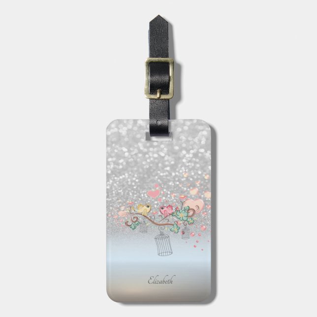 Silver Glitter Bokeh Ombre,Birds  - Personalised Luggage Tag (Front Vertical)
