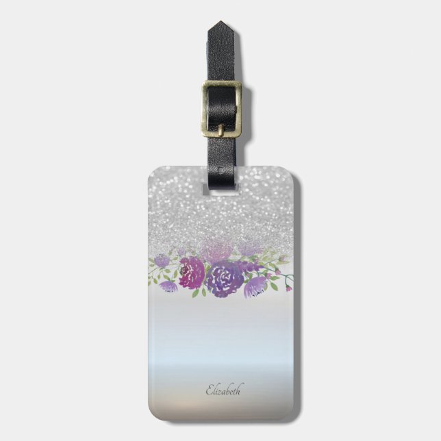Silver Glitter Bokeh Ombre,Flowers  - Personalised Luggage Tag (Front Vertical)