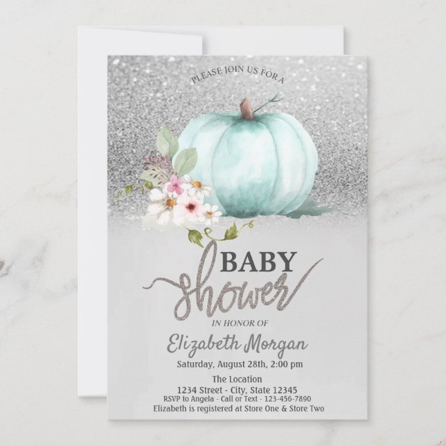 Silver Glitter Bokeh, Pumpkin Baby Shower Invitation (Front)
