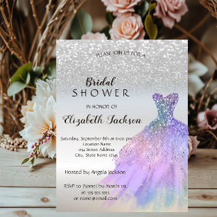 Silver Glitter Bokeh Sequins  Dress Bridal Shower Invitation