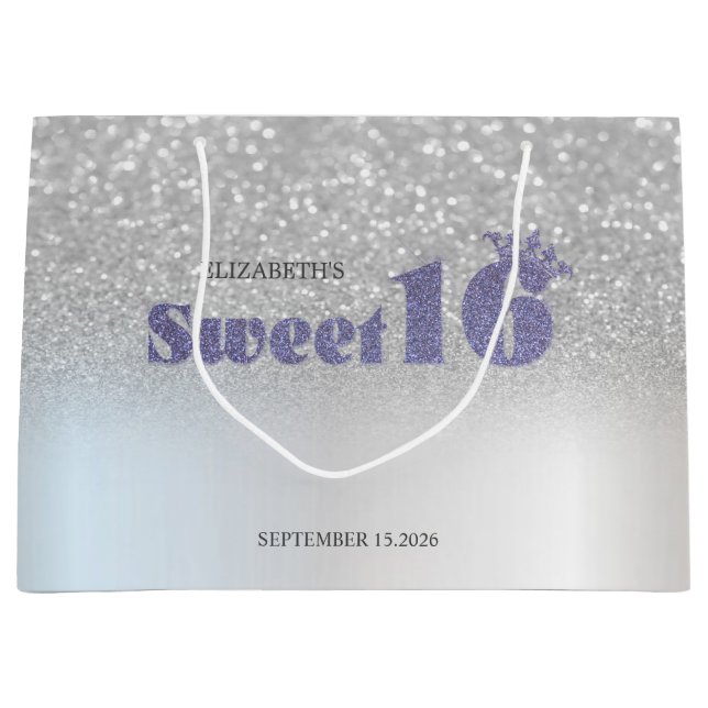 Silver Glitter Bokeh Sweet 16 Crown Large Gift Bag (Front)