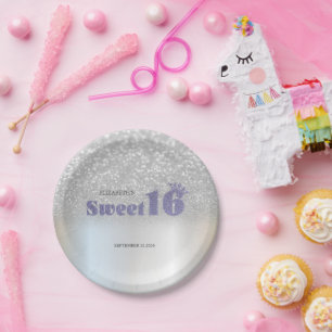 Silver Glitter Bokeh Sweet 16 Crown Paper Plate