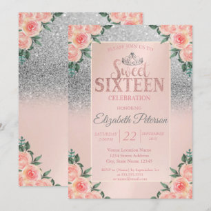 Silver Glitter Bokeh,Tiara Floral Sweet 16 Party Invitation