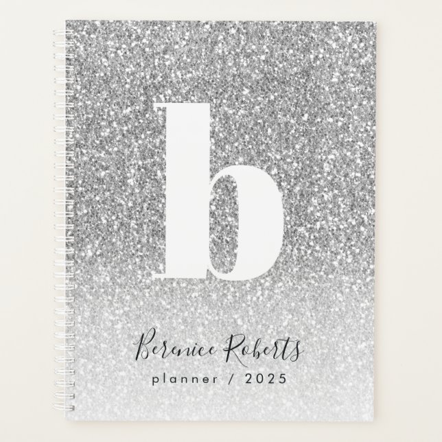Silver Glitter Bold Typography Monogram Annual Planner (Front)