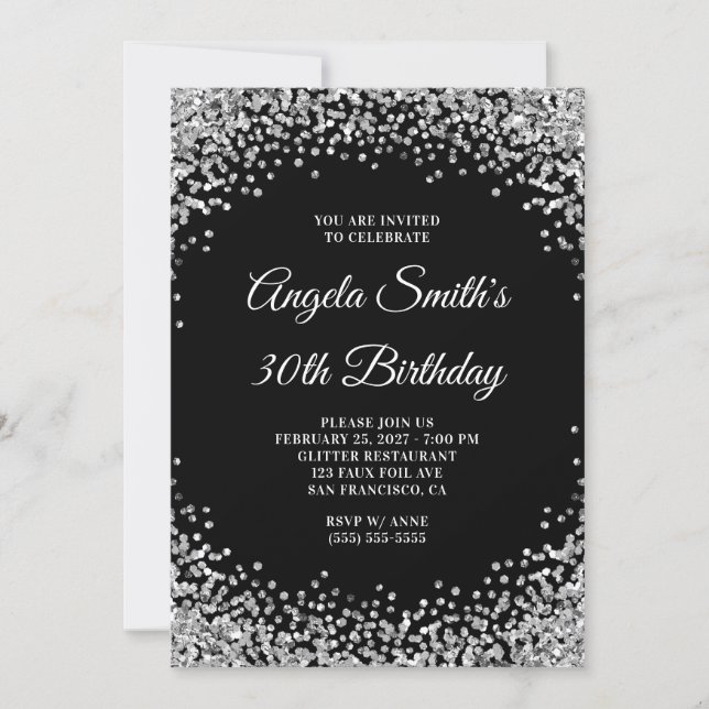Silver Glitter Border Black 30th Birthday Invitation (Front)