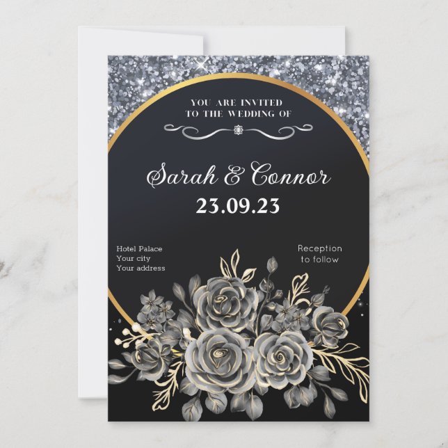 Silver Glitter Border Black Roses  Invitation (Front)