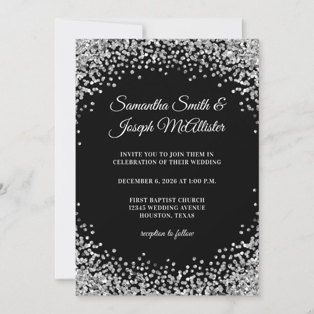 Silver Glitter Border Black Wedding Invitation (Front)
