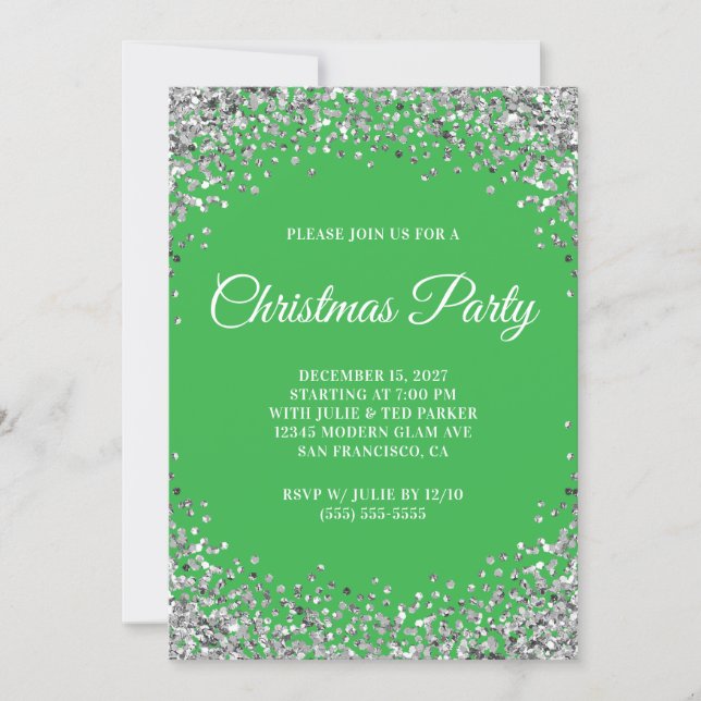 Silver Glitter Border Green Christmas Party Invitation (Front)