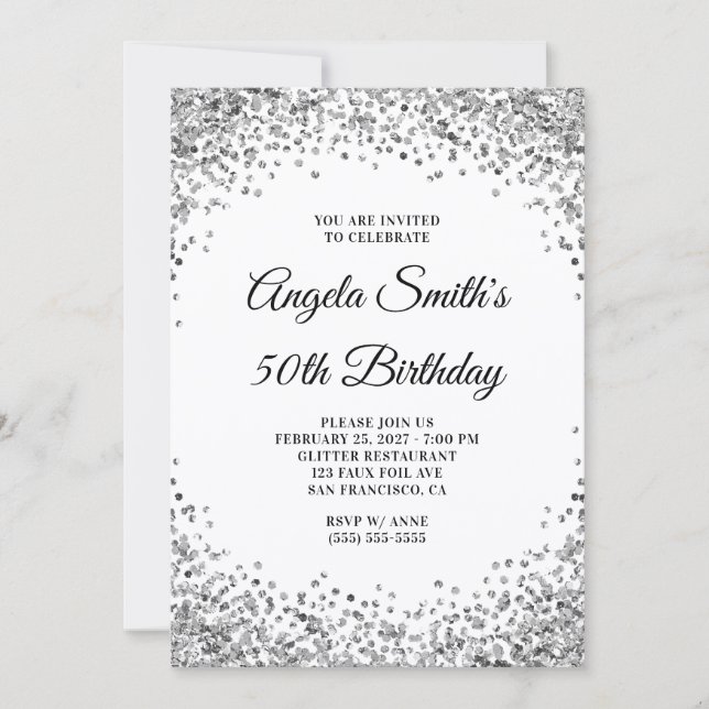 Silver Glitter Border White 50th Birthday Invitation (Front)