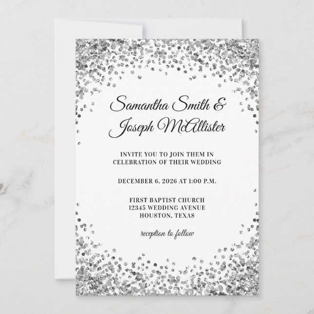 Silver Glitter Border White Wedding Invitation (Front)