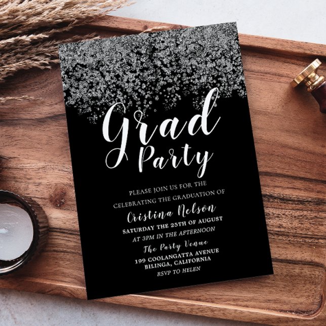 Silver Glitter Boy Girl Graduation Grad Party Invitation (Creator Uploaded)