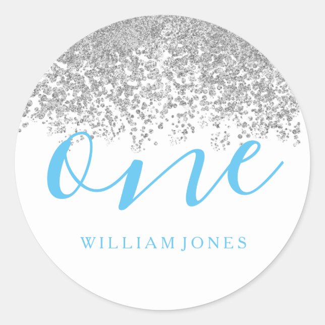 Silver Glitter Boys White Blue 1st birthday party Classic Round Sticker (Front)