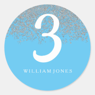 Silver Glitter Boys White Blue 3rd birthday party Classic Round Sticker