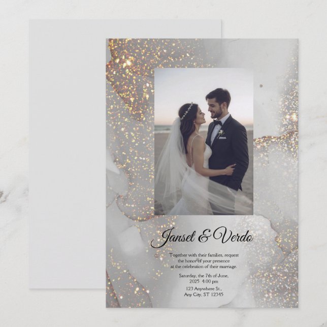 Silver Glitter Bride and Groom Wedding Invitation (Front/Back)