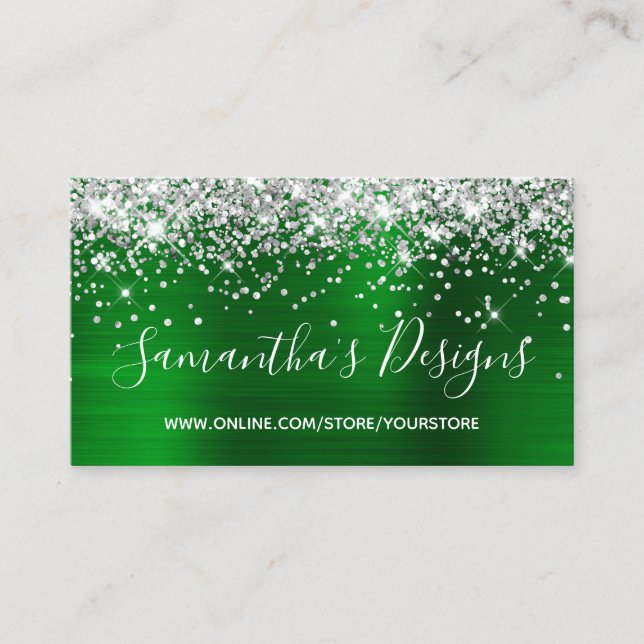 Silver Glitter Bright Green Foil Online Store Business Card (Front)