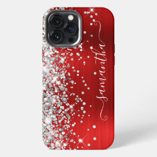 Silver Glitter Bright Red Modern Girly Signature iPhone 13 Pro Max Case