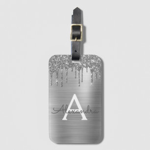 Silver Glitter Brushed Metal Monogram Name Luggage Tag