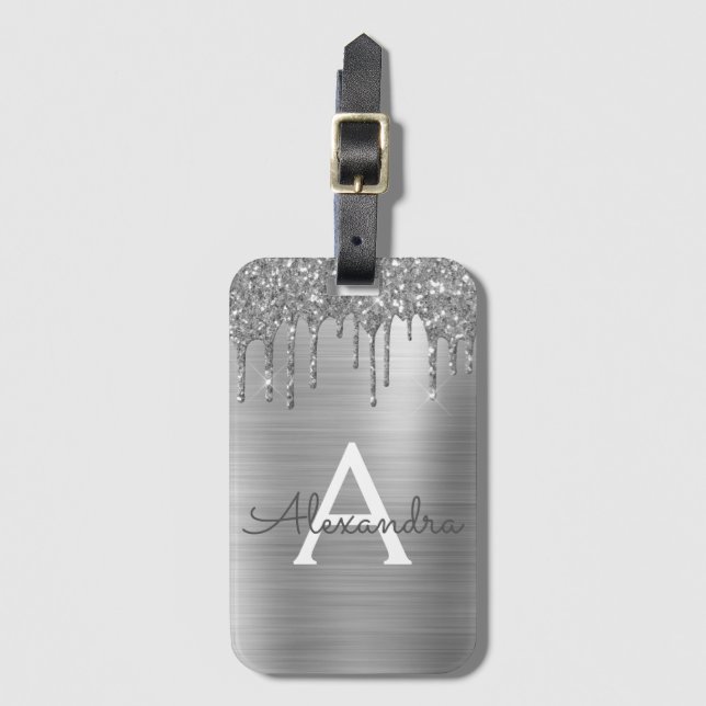 Silver Glitter Brushed Metal Monogram Name Luggage Tag (Front Vertical)
