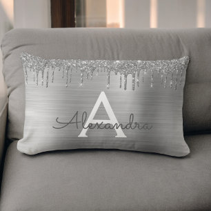Silver Glitter Brushed Metal Monogram Name Lumbar Cushion