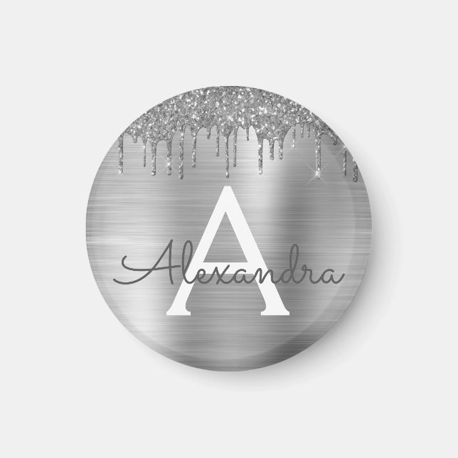 Silver Glitter Brushed Metal Monogram Name Magnet (Front)