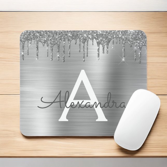 Silver Glitter Brushed Metal Monogram Name Mouse Pad (Creator Uploaded)