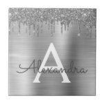 Silver Glitter Brushed Metal Monogram Name Tile<br><div class="desc">Silver Faux Foil Metallic Sparkle Glitter Brushed Metal Monogram Name and Initial Ceramic Tiles. This makes the perfect sweet 16 birthday,  wedding,  bridal shower,  anniversary,  baby shower or bachelorette party gift for someone that loves glam luxury and chic styles.</div>