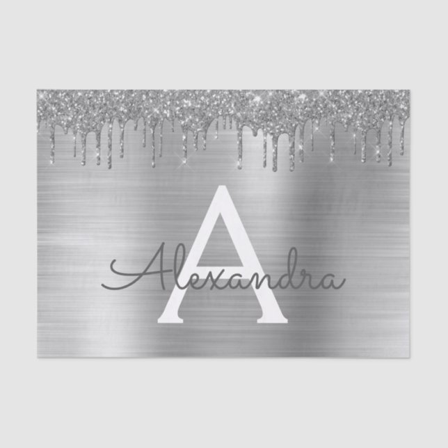 Silver Glitter Brushed Metal Monogram Name Tissue Paper (Front)