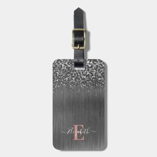Silver glitter Brushed Metal Monogram Script Luggage Tag (Front Vertical)