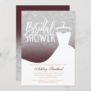 Silver glitter burgundy dress Bridal shower Invitation