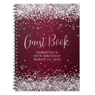 Silver Glitter Burgundy Ombre 40th Birthday Guest Notebook