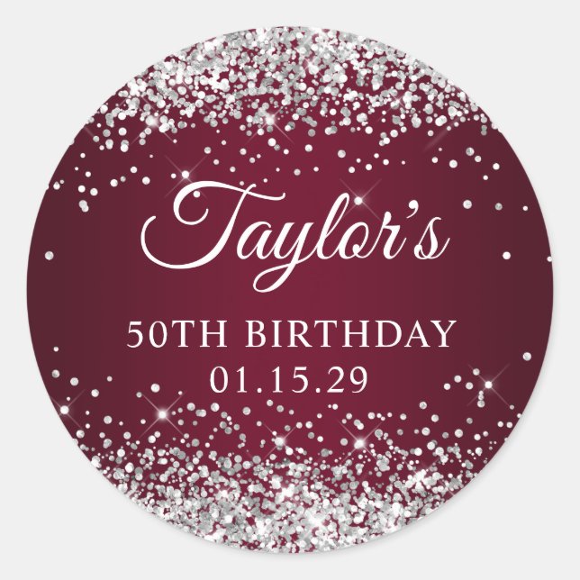 Silver Glitter Burgundy Ombre 50th Birthday Classic Round Sticker (Front)