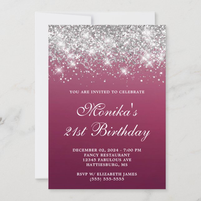 Silver Glitter Burgundy Ombre Bold 21st Birthday  Invitation (Front)