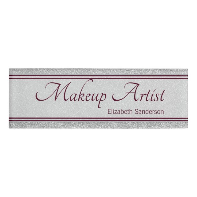 Silver Glitter Burgundy Personalised Makeup Artist Name Tag (Front)