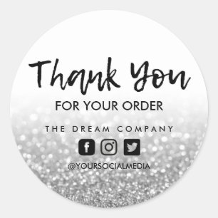 Silver Glitter Business Thank You Custom Classic Round Sticker