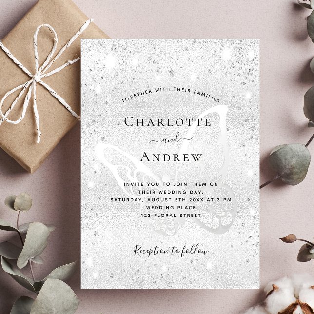 Silver glitter butterfly elegant wedding invitation (Creator Uploaded)