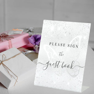Silver glitter butterfly guest book  pedestal sign
