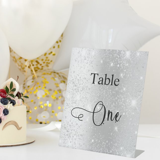 Silver glitter calligraphy table one pedestal sign (Creator Uploaded)