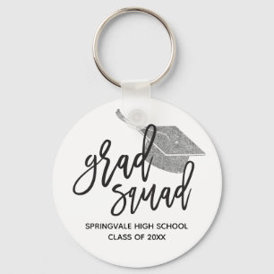 Silver Glitter Cap Grad Squad Graduation Keepsake Key Ring