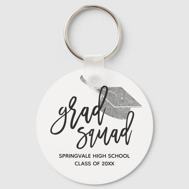 Silver Glitter Cap Grad Squad Graduation Keepsake Key Ring (Front)
