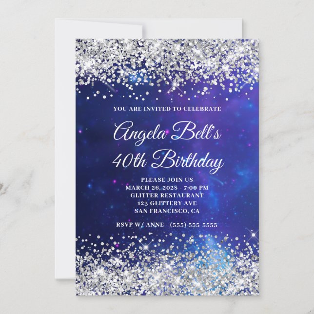 Silver Glitter Celestial Aqua Blue 40th Birthday Invitation (Front)