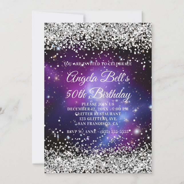 Silver Glitter Celestial Purple 50th Birthday Invitation (Back)