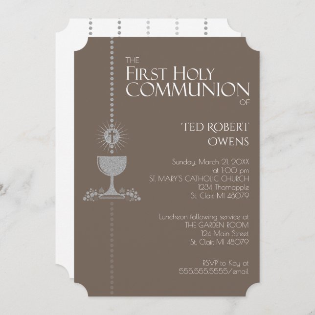 Silver Glitter Chalis First Communion Invitation (Front/Back)