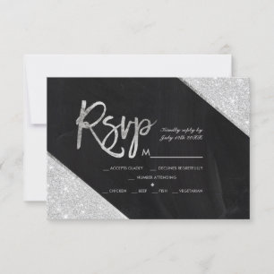 Silver glitter chalkboard script wedding Rsvp Card