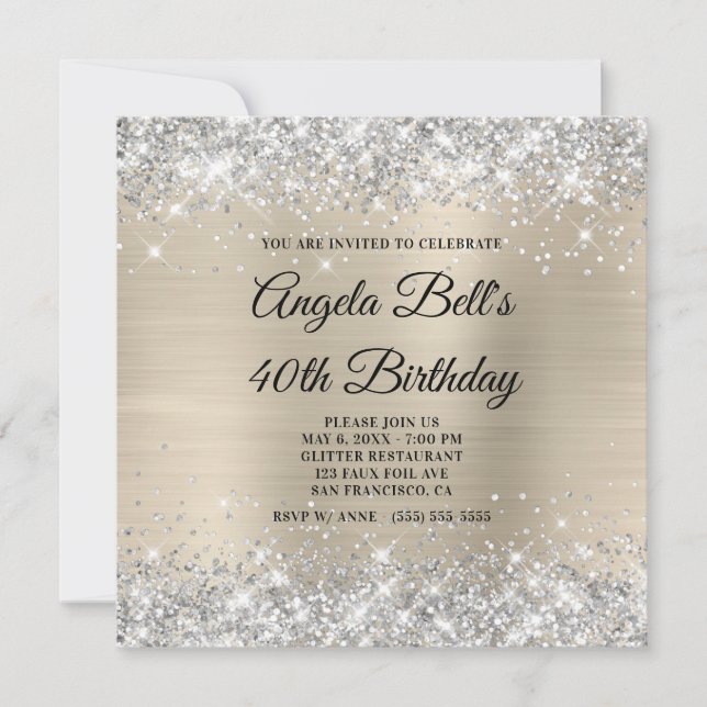 Silver Glitter Champagne Shimmer Foil Monogram Invitation (Front)
